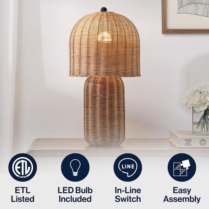 Minna 22.5" Modern Coastal Woven Rattan Arched LED Table Lamp
