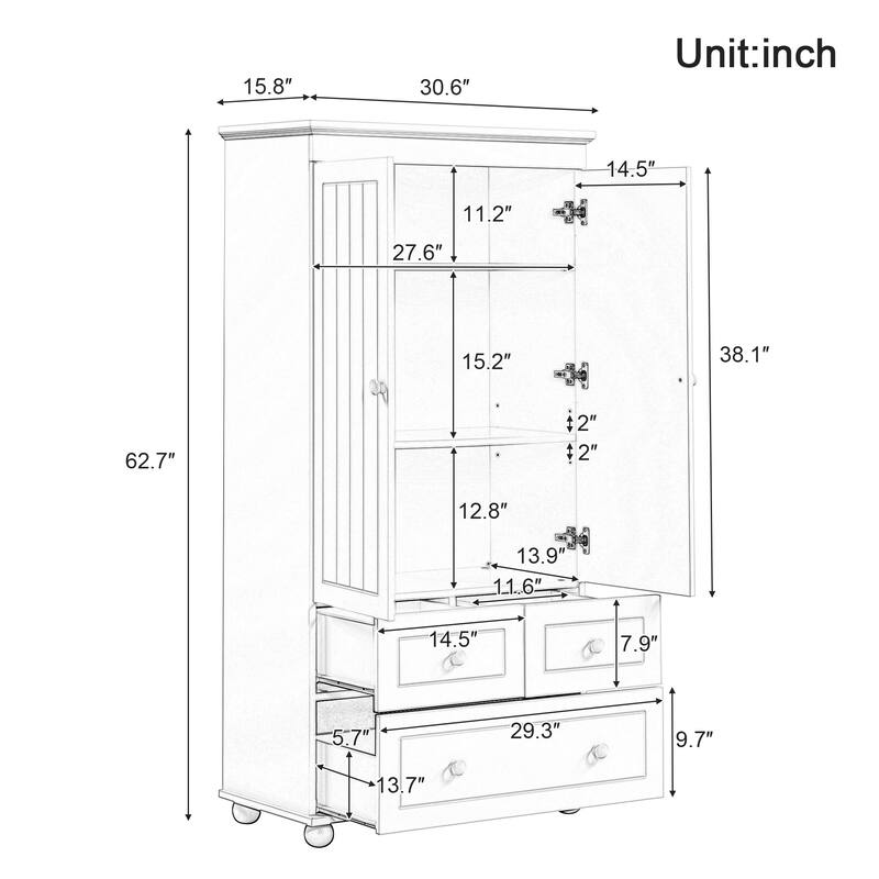 GDFStudio - Adrian Tall Storage Cabinet with Three Drawers and Adjustable Shelves, MDF