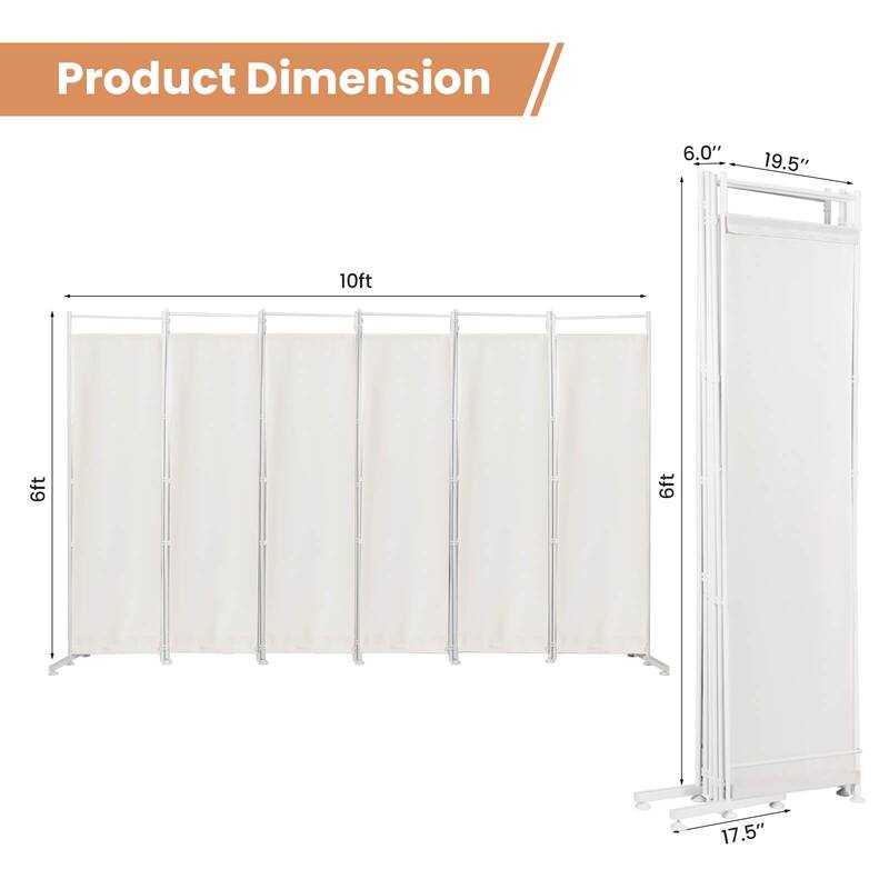 6 Panel Room Divider with Steel Frame and Adjustable Feet - 10 FT x 6 FT (L x W)
