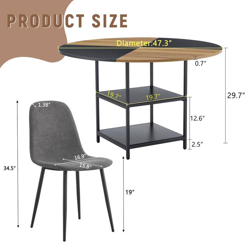 A 47.3-Inch Diameter Modern Splicing Circular Dining Table Set- Double-Layer Storage,Paired with 6 Fabric Chairs
