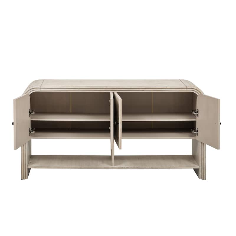 Wood Storage Table Buffet Sideboard, Cconsole Table with Woven Slat Doors, Accent Table with Step Design