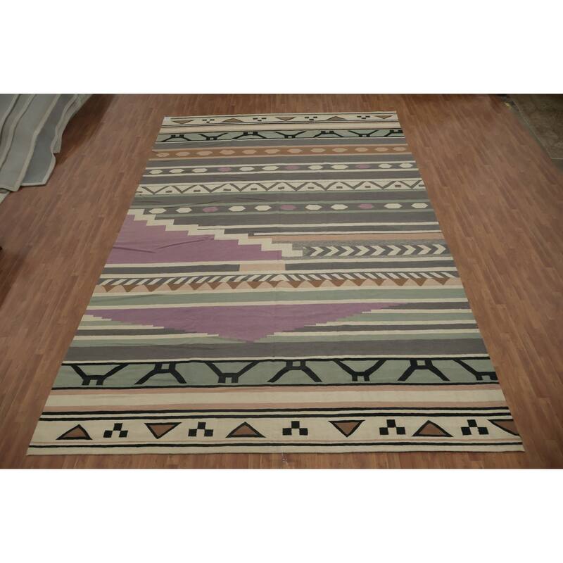 Hand Woven Oriental 100% Wool Carpet Southwestern Tribal Greys & Charcoal Kilim Area Rug - 18' 3'' X 11' 10''