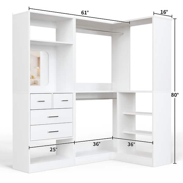 dimension image slide 1 of 3, Cimly Set of 2 Corner Closet System with Drawers, Closet Organizer with Hanging Rods and Storage Shelves