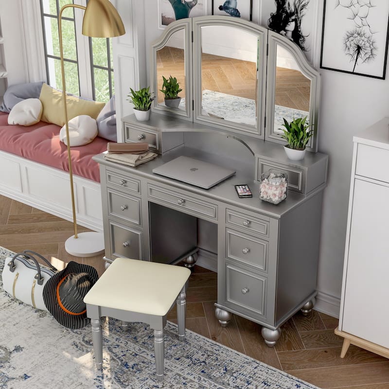 Boke Transitional Solid Wood 3-Piece Makeup Vanity Set with 3-side Mirror by Furniture of America
