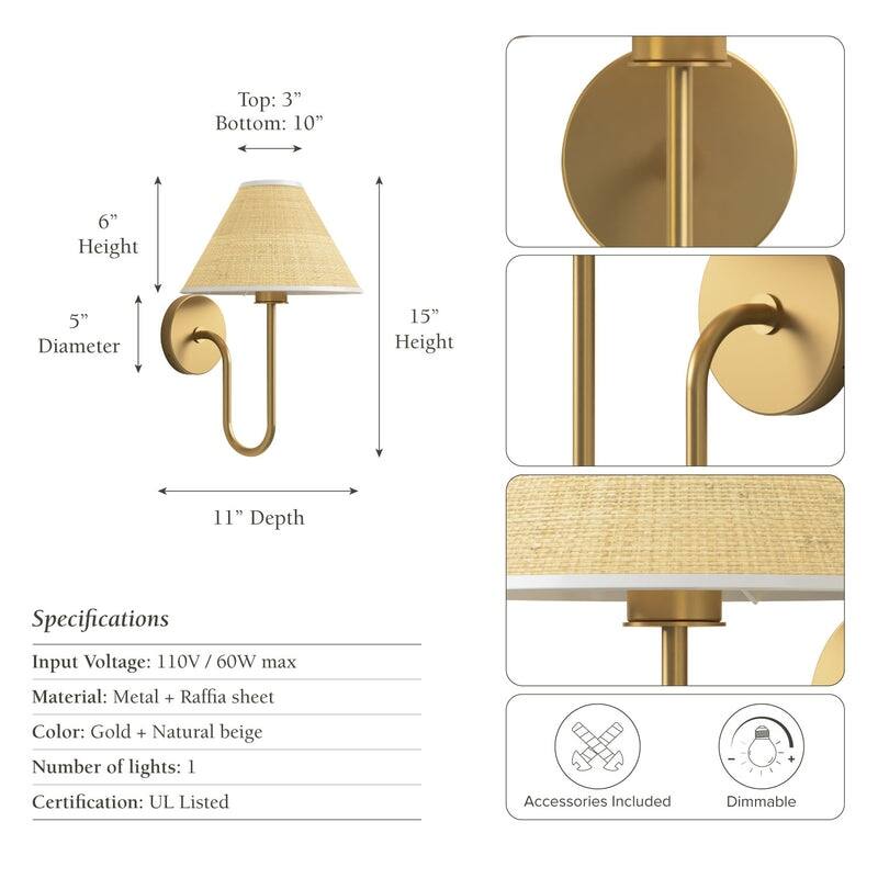 Mysa Wall Light Sconce - Metal, Raffia & Natural Beige, Gold Wall Sconce for Bedroom or Bathroom in Modern, Mid-Century Style