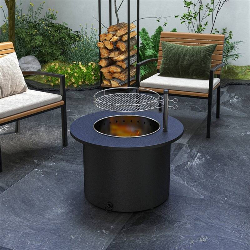 Outdoor Fire Pit and BBQ Pit Black Stainless Steel Smokeless Fire Pit with Grill Grate Poker and Ash Tray 25 Inch