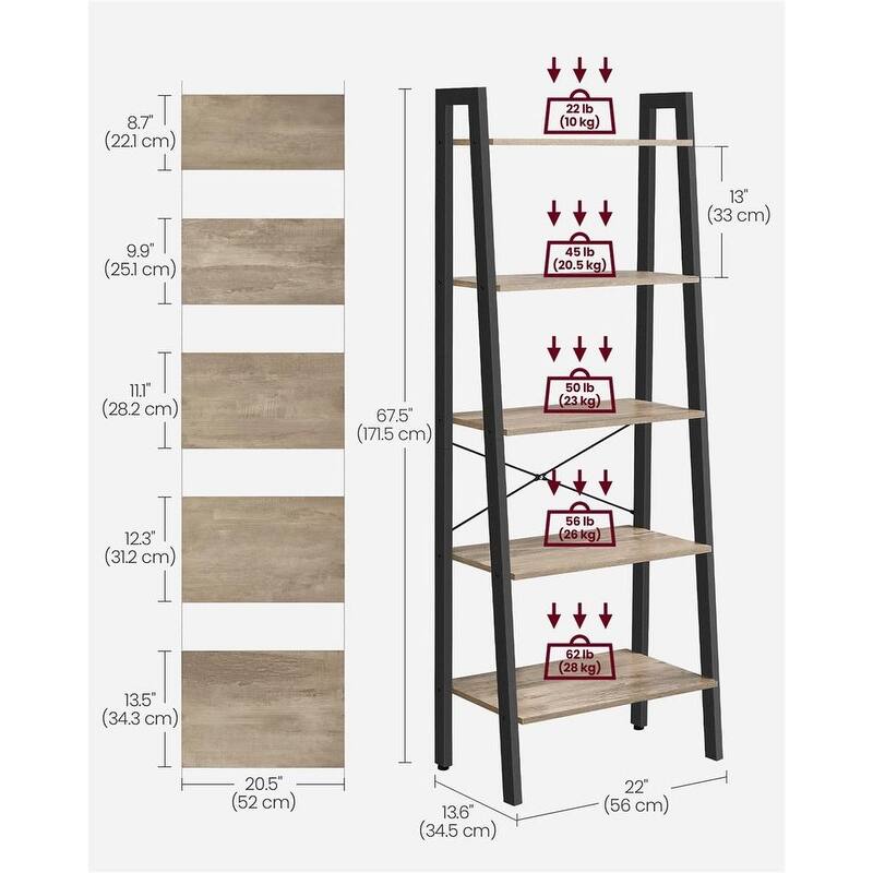 Black Metal 5-Tier Ladder Shelf with Steel Frame and Industrial Rustic Wood Shelves