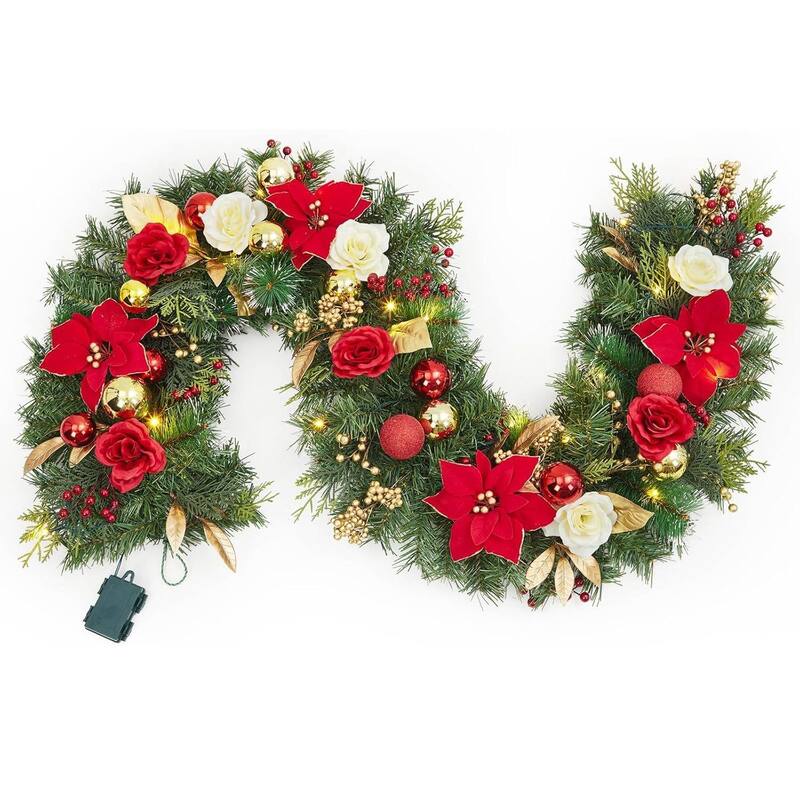 6FT Christmas Garland with Lights for Indoor Outdoor Holiday Decor - N/A - Red