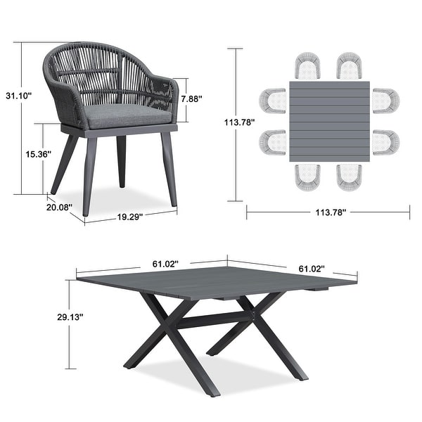 dimension image slide 3 of 4, PURPLE LEAF Patio Dining Set with Outdoor Aluminium Dining Table and Woven Rattan Chairs