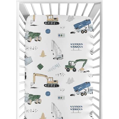 Construction Truck Collection Boy Fitted Crib Sheet - Grey Yellow Black Blue and Green Transportation