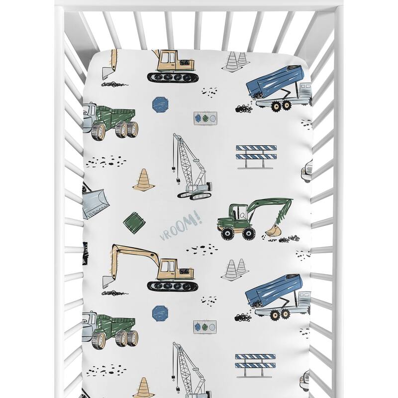Sweet Jojo Designs Green Blue Construction Truck Boy 2 Pack Fitted Crib Sheets Transportation Tire Tracks Navy Black and White