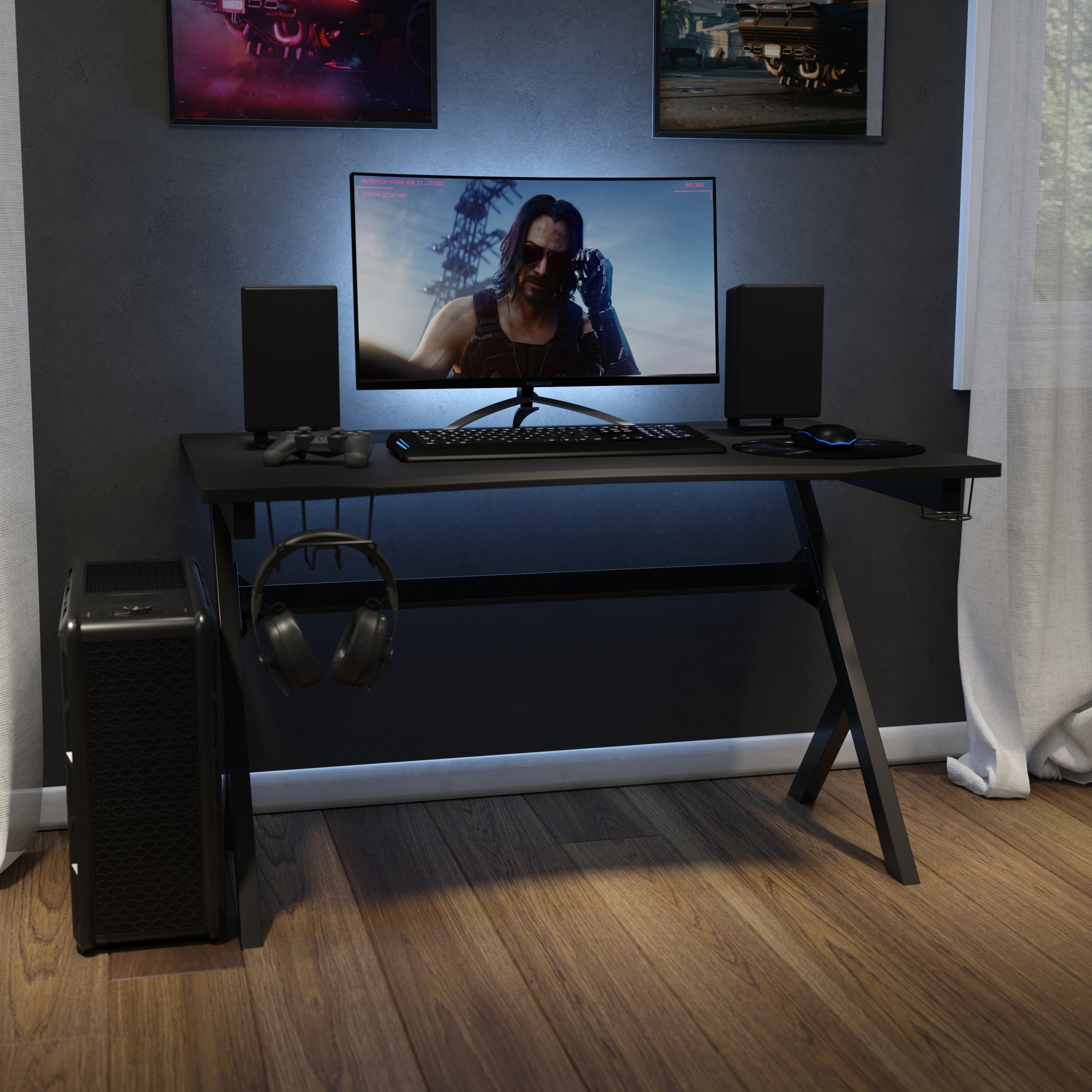 Computer Table Gaming Desk - Headphone Holder and 2 Cable Management Holes