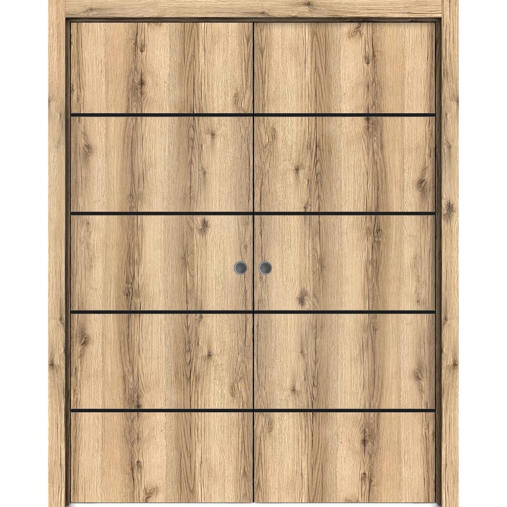 French Double Pocket Doors 36 x 80 Planum 0015 Oak with Kit Trims Rail