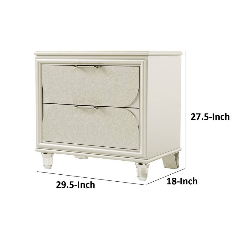 Zema Nightstand, 2 Drawers w Acrylic Handles, Silver Rubberwood, 30 Inch