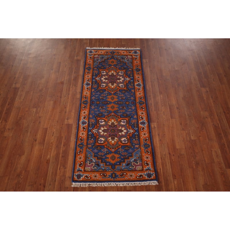 Blue & Orange Geometric Kazak Foyer Rug Hand-Knotted Wool Carpet - 2'6"x 6'0"