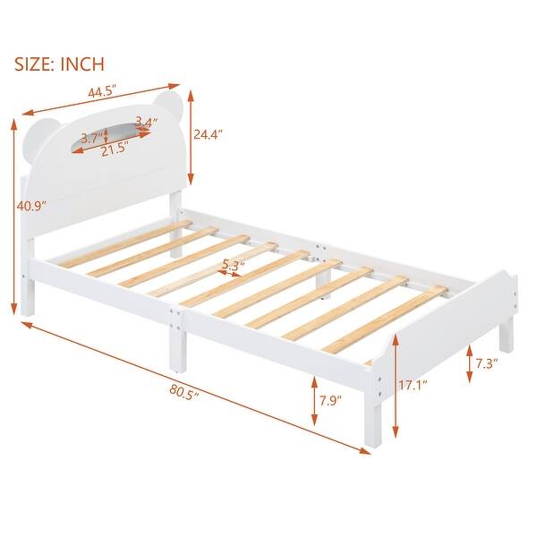Twin Size Wood Platform Bed with Bear-Shaped Headboard, Motion Activated Night Lights, and Storage Space