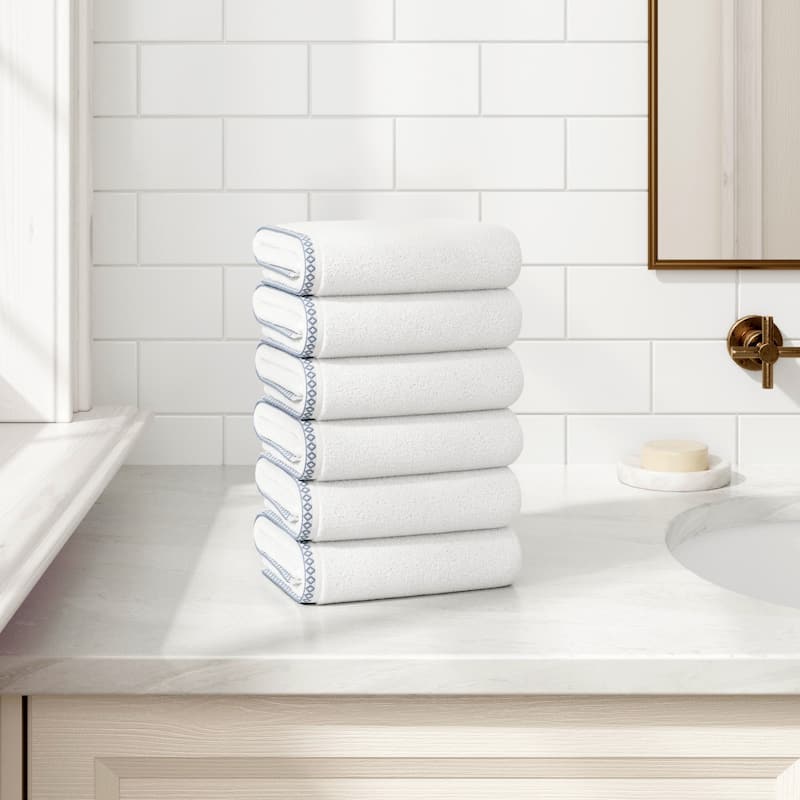 Linery & Co. Quick-Dry Cotton and Decorative Border Towel Set - White / Chambray Blue - Hand Towel (Pack of 6)