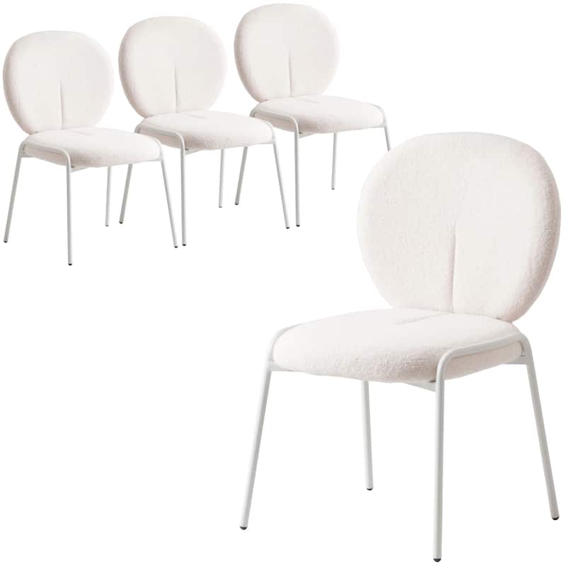 Celestial Modern Boucle Dining Chairs - Upholstered Accent Side Chairs with White Powder-Coated Iron Frame Set of 4 - White
