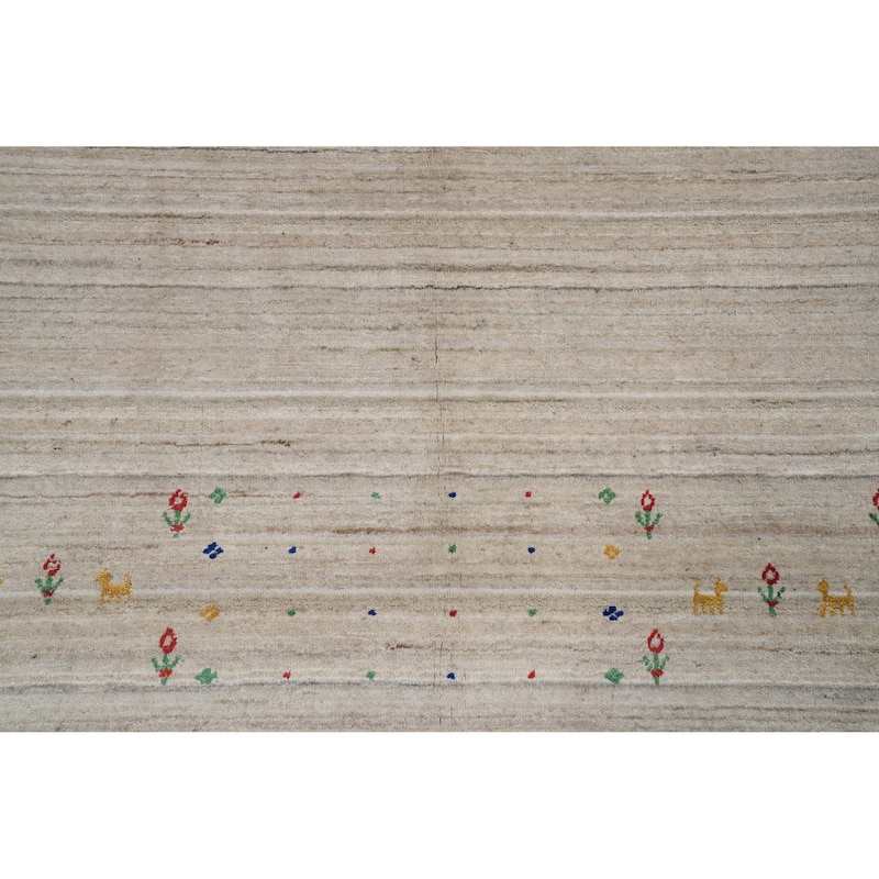 Hand Knotted Oriental Viscose Silk Carpet Tribal Animal Pictorial Beige & Ivories Gabbeh Area Rug - 11' 10'' X 8' 9''