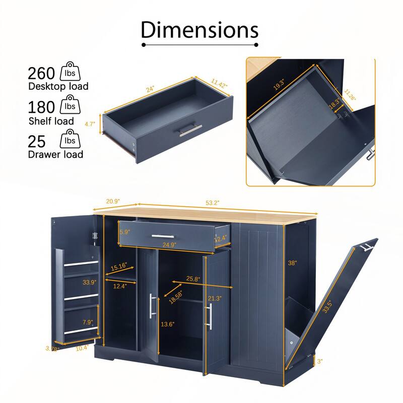53inch Kitchen Storage Islands with Drawers and Trash Can Storage
