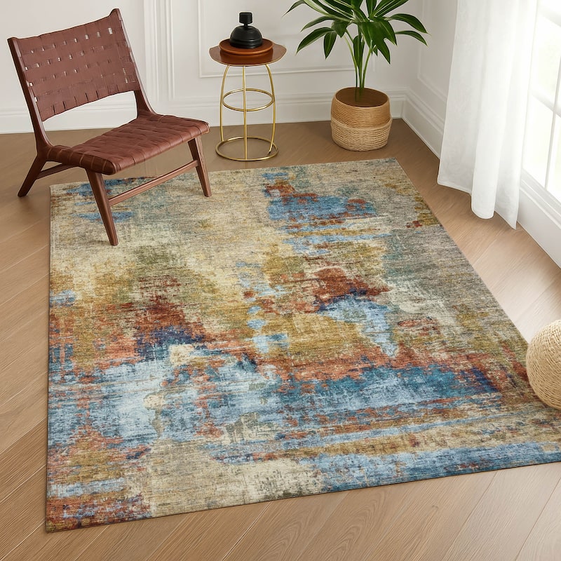 Machine Washable Indoor/ Outdoor Abstact Contemporary Chantille Rug