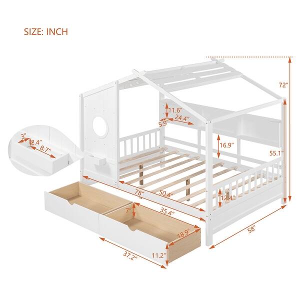 White Wooden House Bed with Roof, Drawers, Storage Shelf