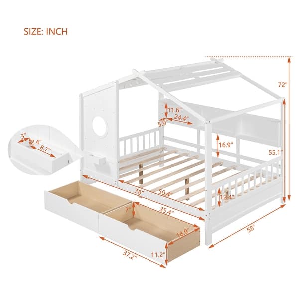 dimension image slide 1 of 4, Wooden House Bed with Roof, 2 Drawers, and Storage Shelf