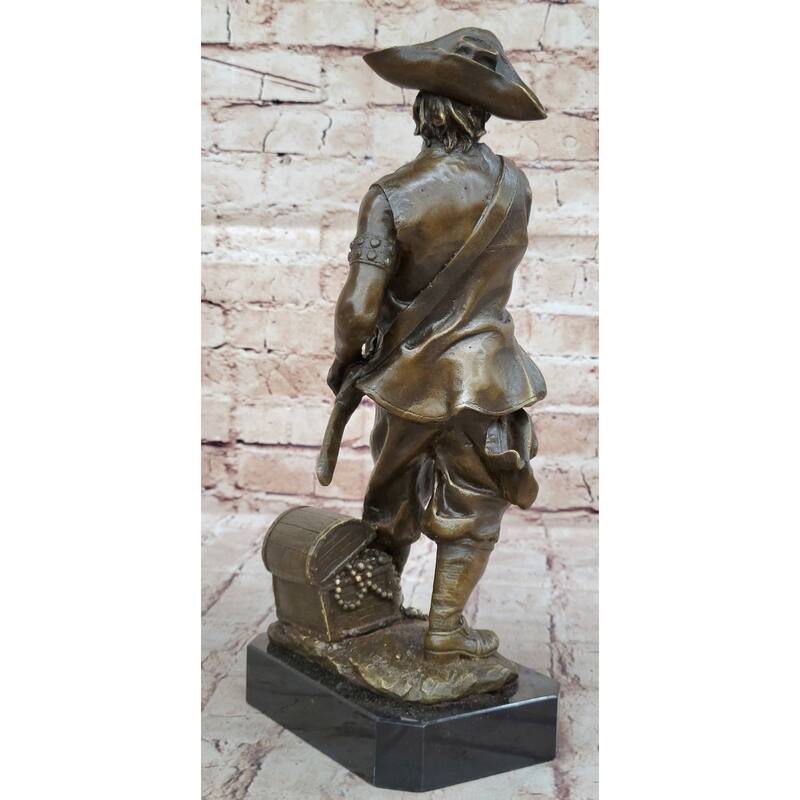 Swashbuckler Pirate Bronze Figure Statue Sculpture W/ Treasure Chest 13 Inches X 6 Inches