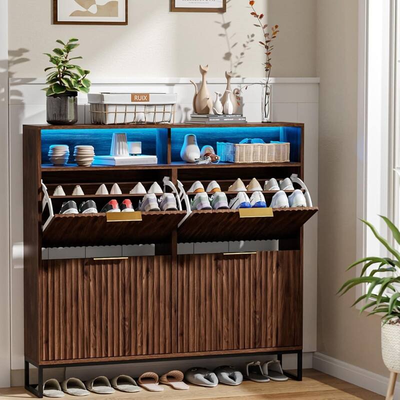 47.2 Inch Wide Slatted 4 Flip Drawers 1 Compartment Storage LED Light Shoe Cabinet - Walnut