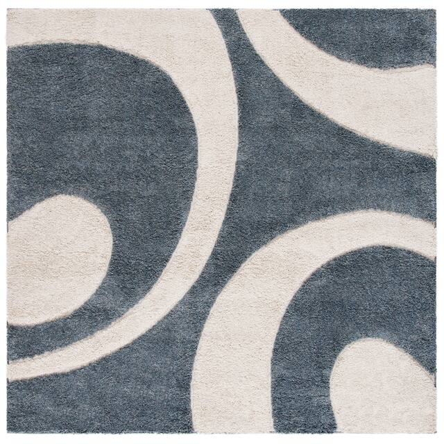 SAFAVIEH Florida Shag Jayati Abstract 1.2-inch Thick Rug - 6'7" x 6'7" Square - Slate/Ivory