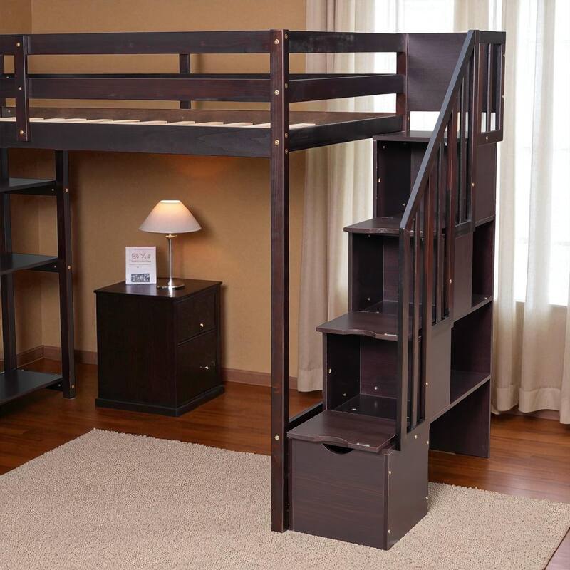 Twin Size Wooden Loft Bed with Drawers, Shelves, and Stairs for Kids Teens, No Box Spring Required
