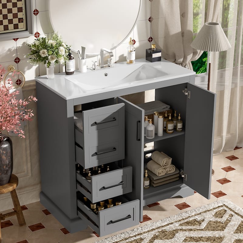 36" Modern Bathroom Vanity with Ceramic Sink, Soft-Close Door, Adjustable Shelf & 3 Drawers, Ample Storage.