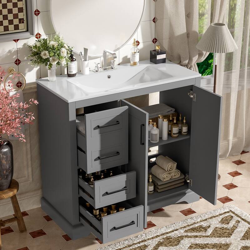 36" Modern Bathroom Vanity with Ceramic Sink, Soft-Close Door, Adjustable Shelf & 3 Drawers, Ample Storage