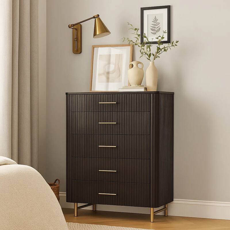 Jeh Tall Dresser Chest, 5 Drawers, Espresso Brown Wood and Gold Metal