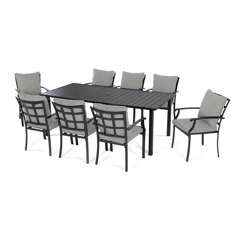 IvyGlow 9-Piece Black Metal Patio Dining Set with Rectangular Table and Gray Cushions