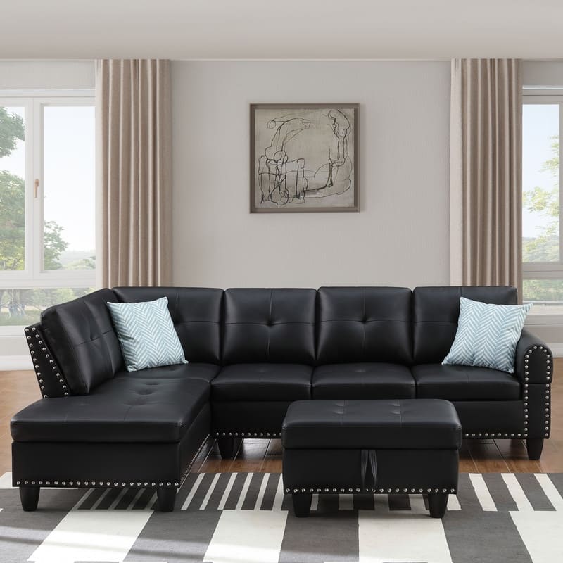 Faux Leather L-Shaped Sectional Sofa with Ottoman&Storage,4-Seater with Cup Holders