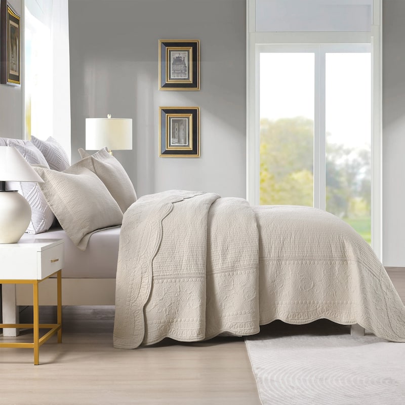 MarCielo 3 Piece Embroidered 100% Cotton Oversized Quilt Bedspread Set TG