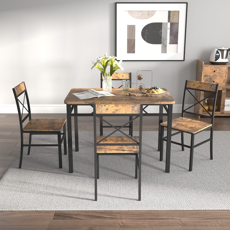 Dining Table Set for 4, Wood Kitchen Table Set with Rectangular Dining Table and 4 Dining Chair for Dining Room Brown
