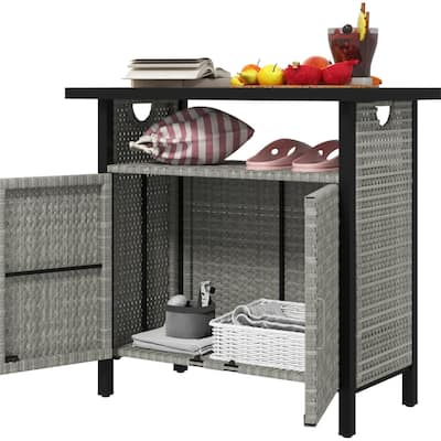 PE Rattan Outdoor Storage Cabinet with Steel Frame and Shelf - 35.4" W x 19.7" D x 35.4" H