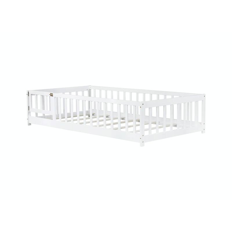 Floor Bed with Fence and Door, Rubber Wood Floor Bed with Safety Guardrails
