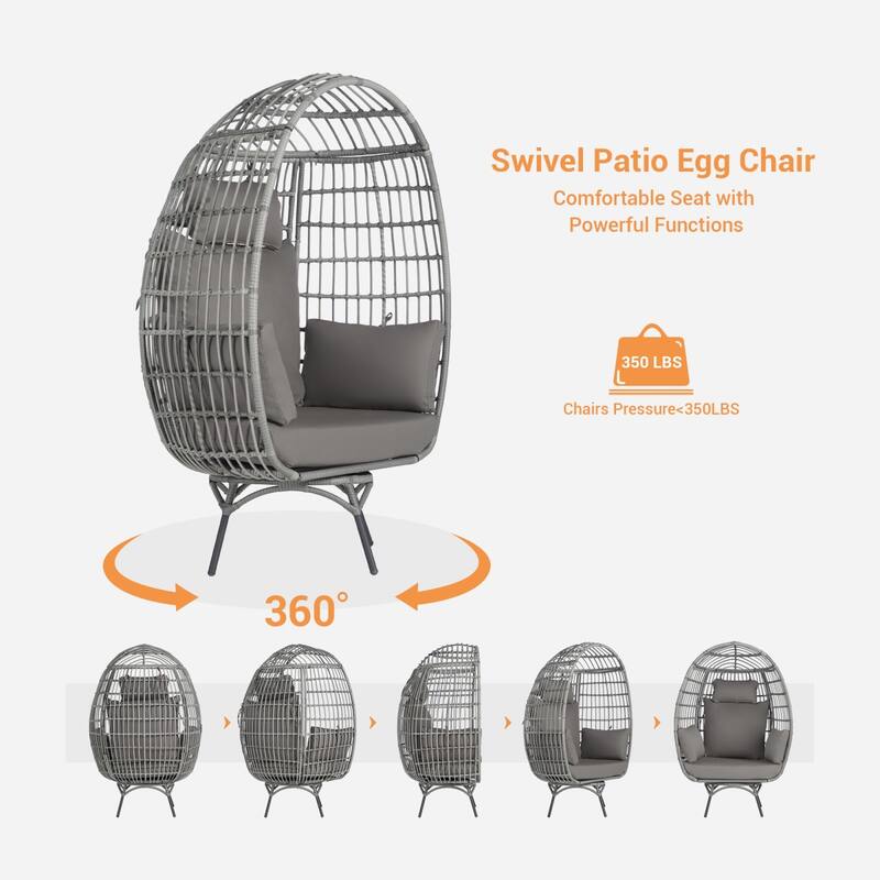 SANSTAR Patio Oversized Swivel Gray Wicker Egg Chair with Cushions On