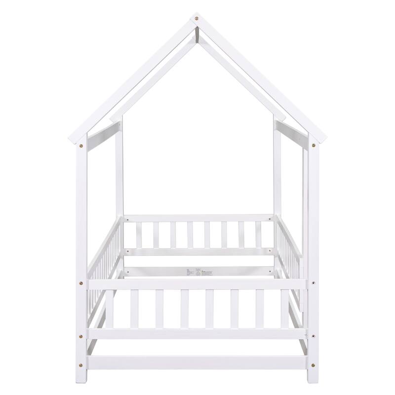 Twin Size Floor Wooden Bed with House Roof Frame
