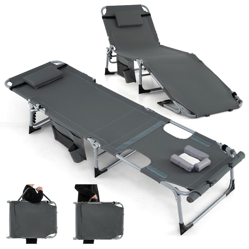 Gymax Outdoor Folding Chaise 5-Position Lounge Chair w/ Face Hole & - Grey