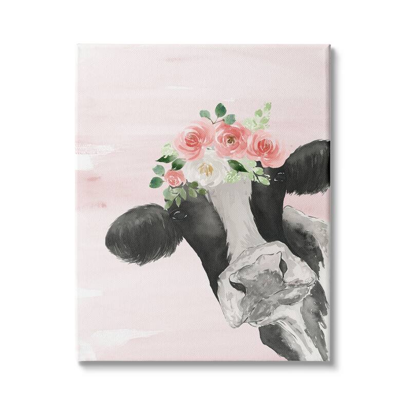 Stupell Dairy Farm Cow Watercolor Portrait Pink Floral Crown Canvas Wall Art - 24 x 30