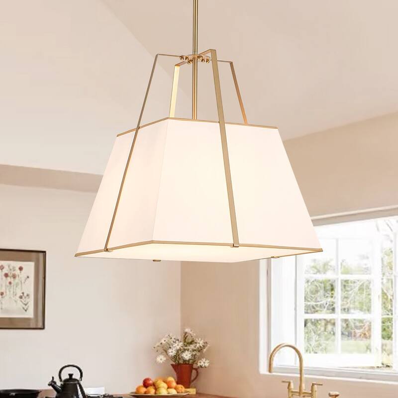 Mid-Century 4-Light Square White Fabric Cage Pendant Chandelier