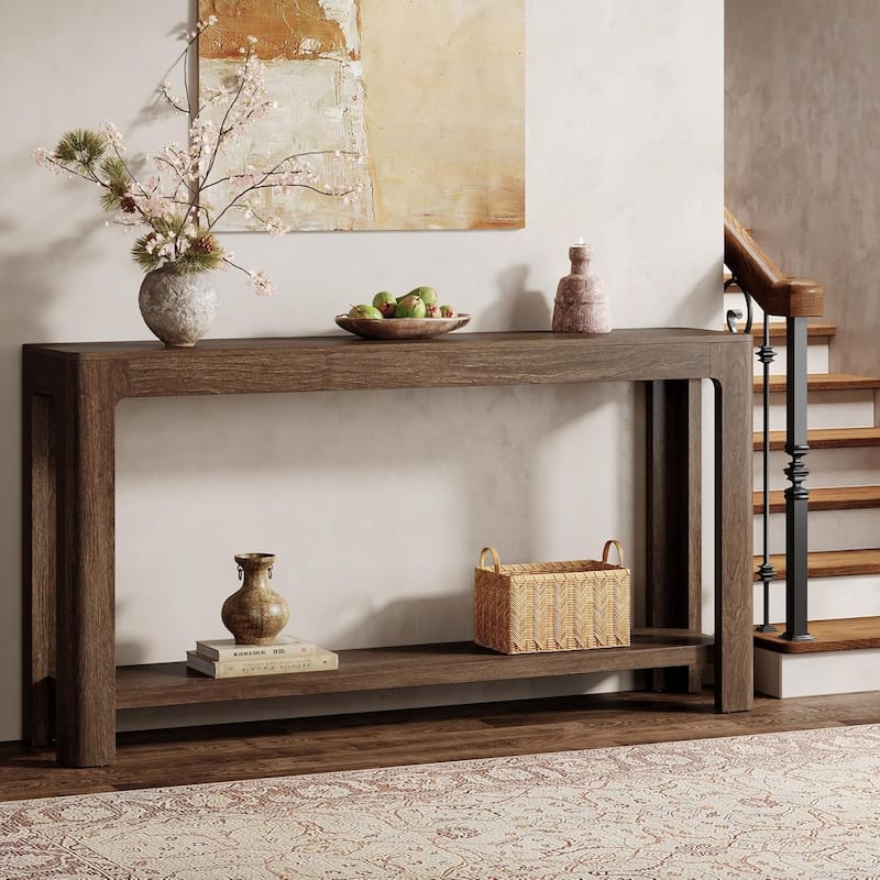 63 Inches Entryway Console Table, 2 Tiers Farmhouse Narrow Sofa Table - Dark Brown