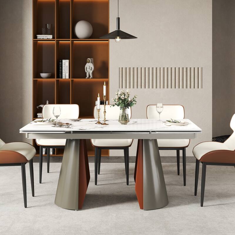 63"-94" Expandable Marble Dining Table for 6-8 Seat, Modern Rectangle Design with Extension Leaf