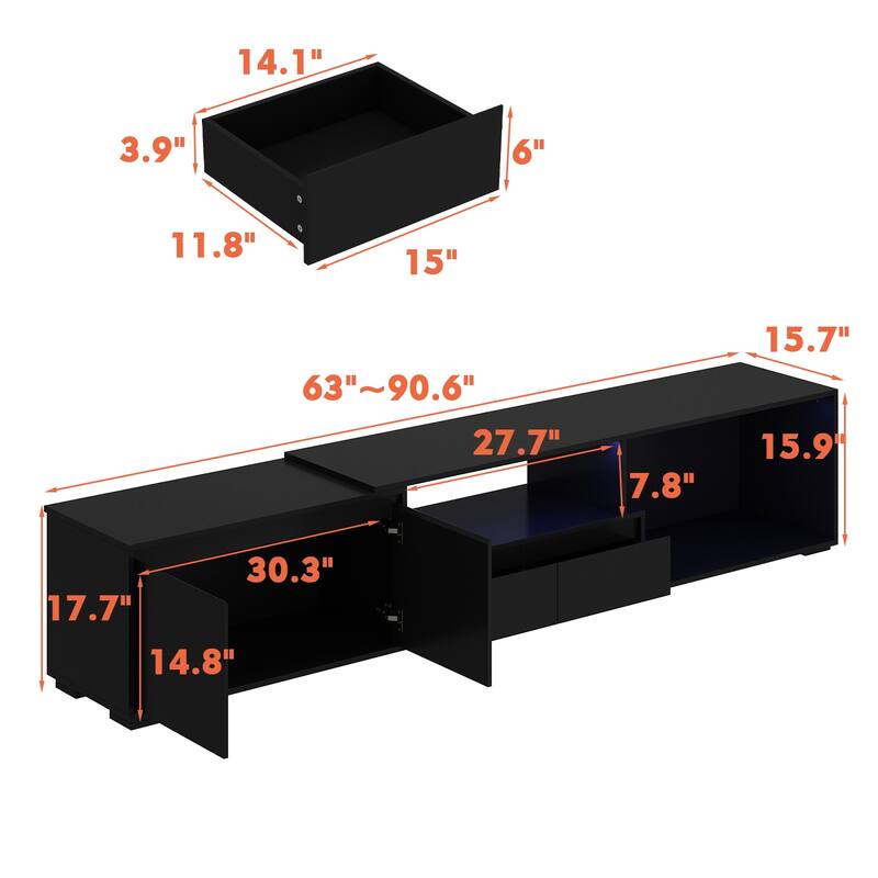 Modern Black TV Stand with LED Lighting and Expandable Open Area: Stylish, Customizable & Ultra - Practical