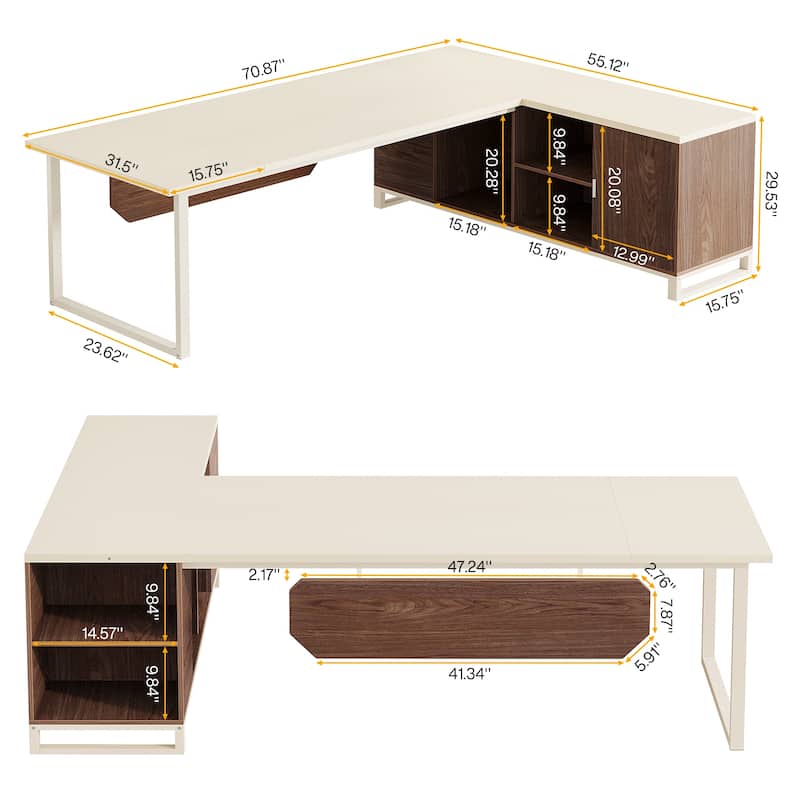 70.8-Inch Executive Desk with 55-Inch File Cabinet, Large L Shaped Computer Desk with Storage Cabinet and Shelves