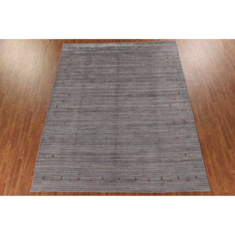 Striped Gabbeh Indian Area Rug Hand-Knotted Grey Wool Carpet - 9'0"x 11'8"